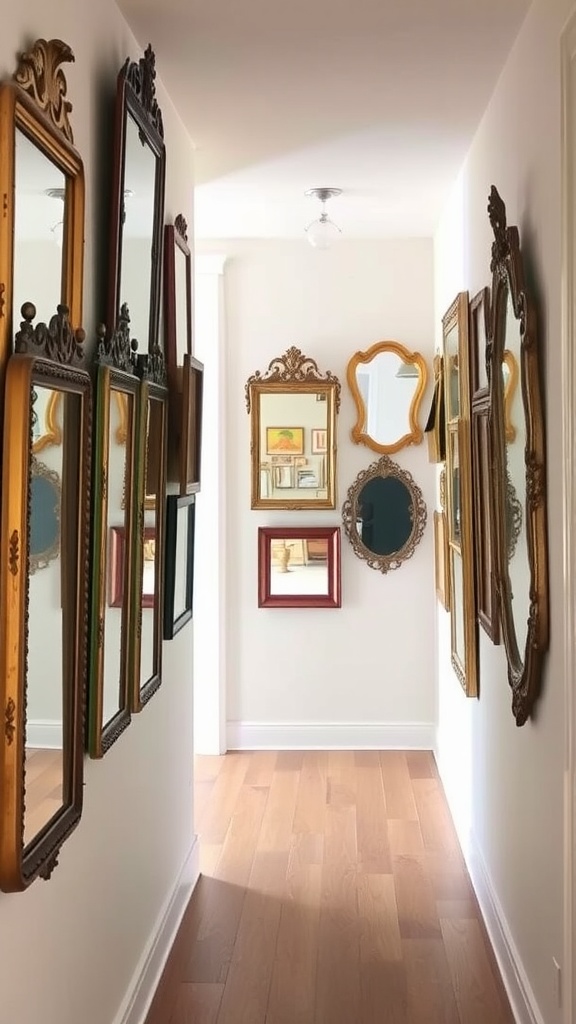 A hallway decorated with an array of vintage mirrors in different styles and frames.