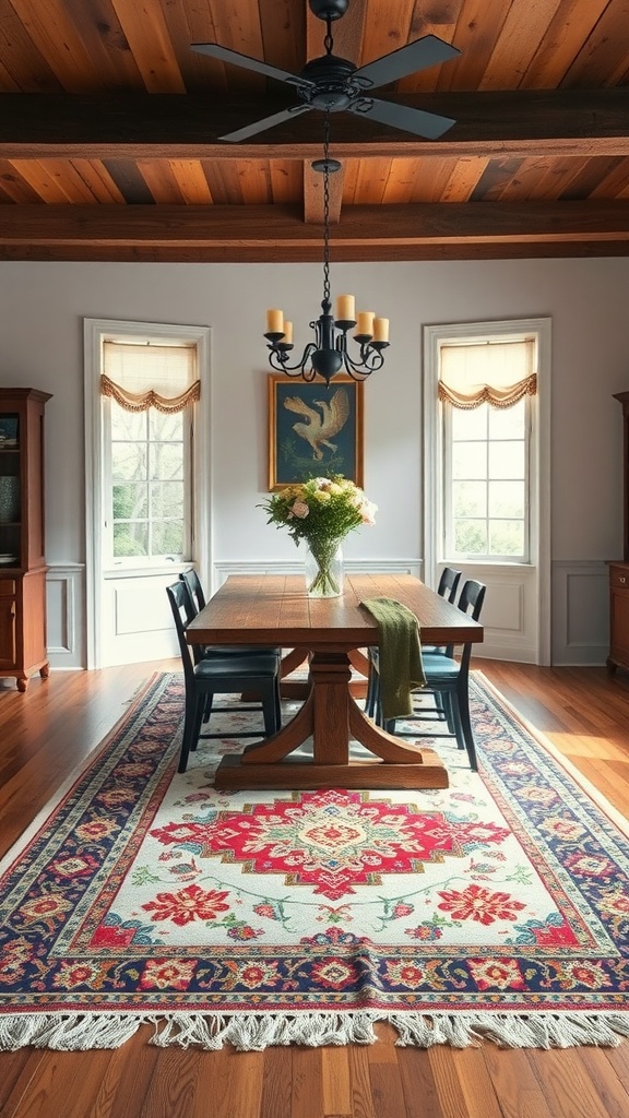A dining room featuring a vintage rug with floral patterns, a wooden table, and black chairs under a wooden ceiling.