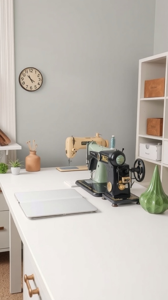 A stylish workspace featuring vintage sewing machines on a white desk.