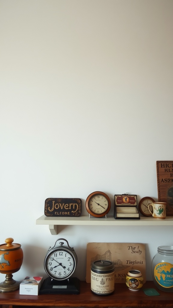 A collection of vintage souvenirs displayed on a shelf, including old clocks, a decorative tin, and a sign.