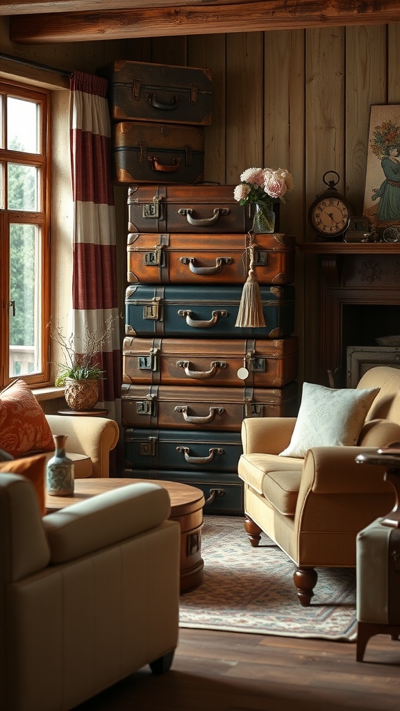 A cozy living room featuring stacked vintage suitcases, a comfortable chair, and warm lighting.