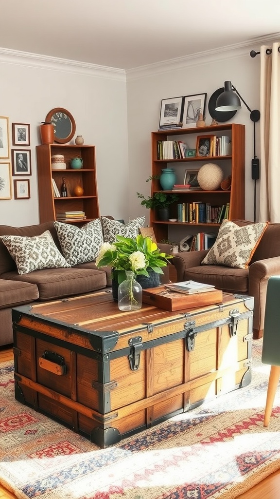 A cozy living room featuring a vintage wooden trunk as a coffee table, paired with stylish sofas and a colorful rug.