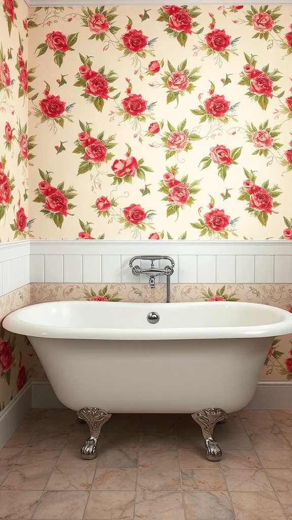 Vintage floral wallpaper in a bathroom with a clawfoot tub