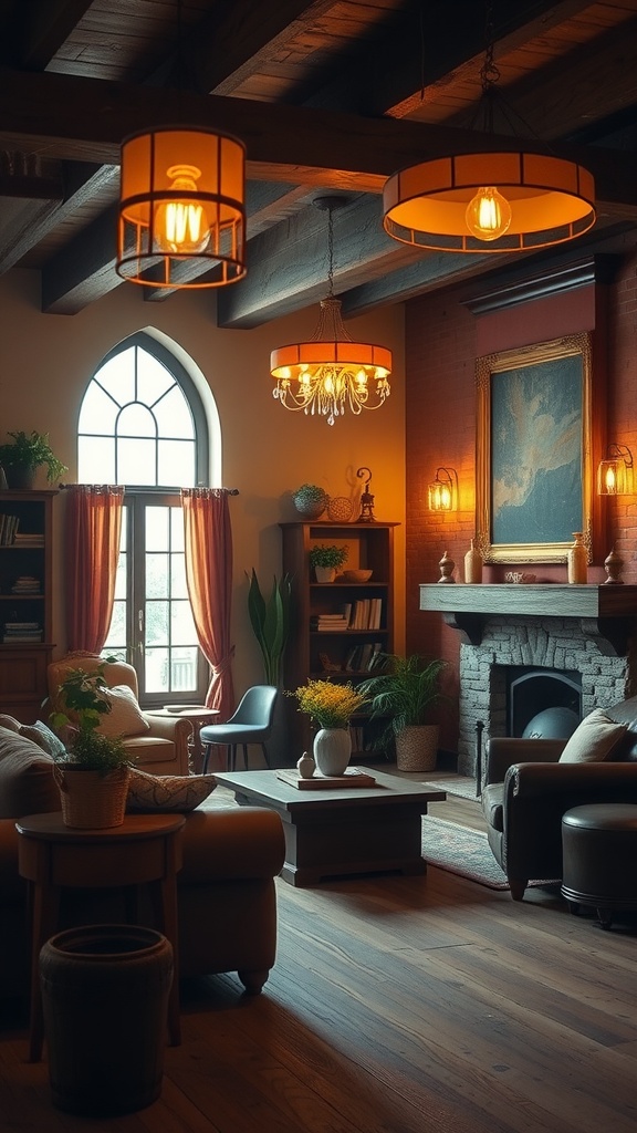 A rustic living room with warm lighting fixtures including a chandelier and pendant lights that create a cozy atmosphere.