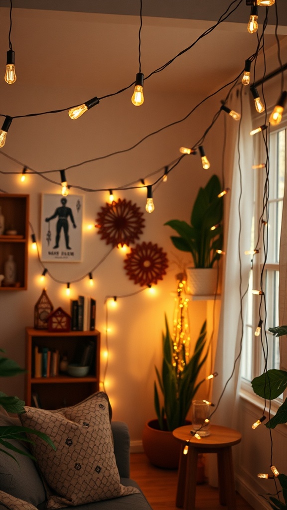 Cozy living room with whimsical string lights and plants