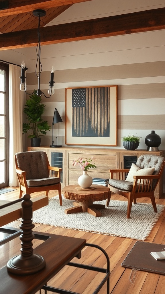 Rustic living room with wooden accent chairs and a tree stump coffee table