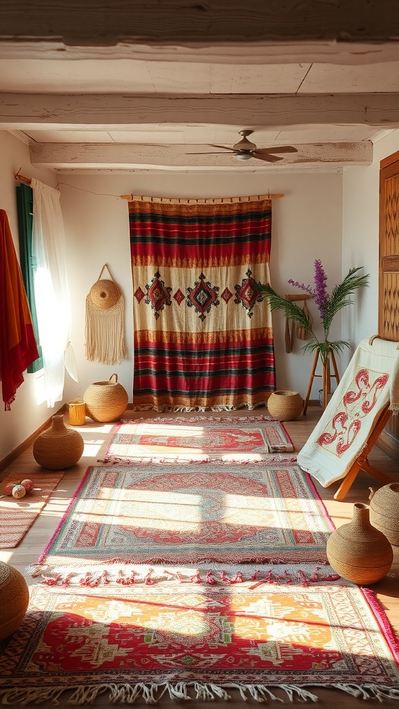 A cozy room featuring woven textiles and rugs with various colors and patterns.