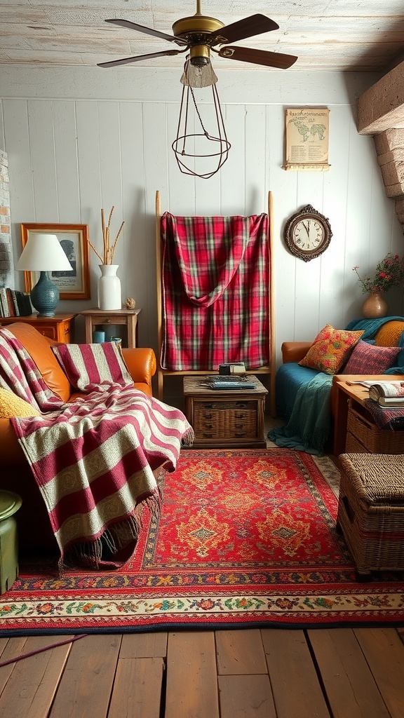 A cozy rustic living room featuring a red patterned rug, striped throw blankets, and warm wooden elements.