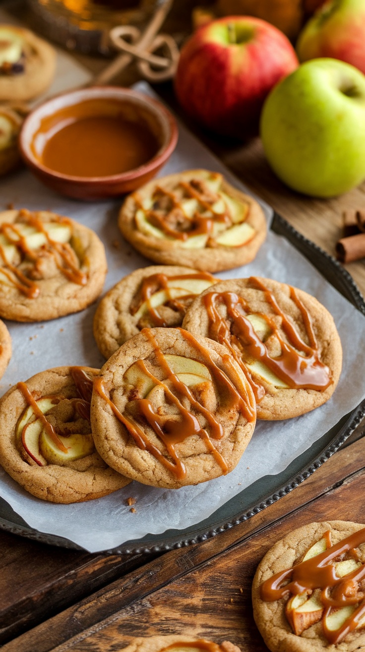 Freshly baked candy apple cookies drizzled with caramel sauce, displayed on a rustic tray with apples.