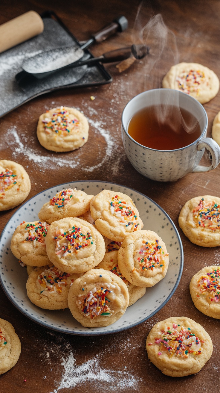 A plate of golden brown cookies with sprinkles beside a cup of tea on a rustic table.