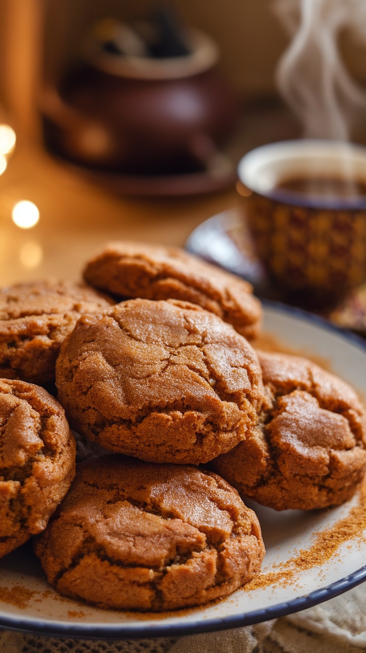 A plate of chewy spicy ginger molasses cookies with sugar on top, set against a warm background with a cup of coffee.