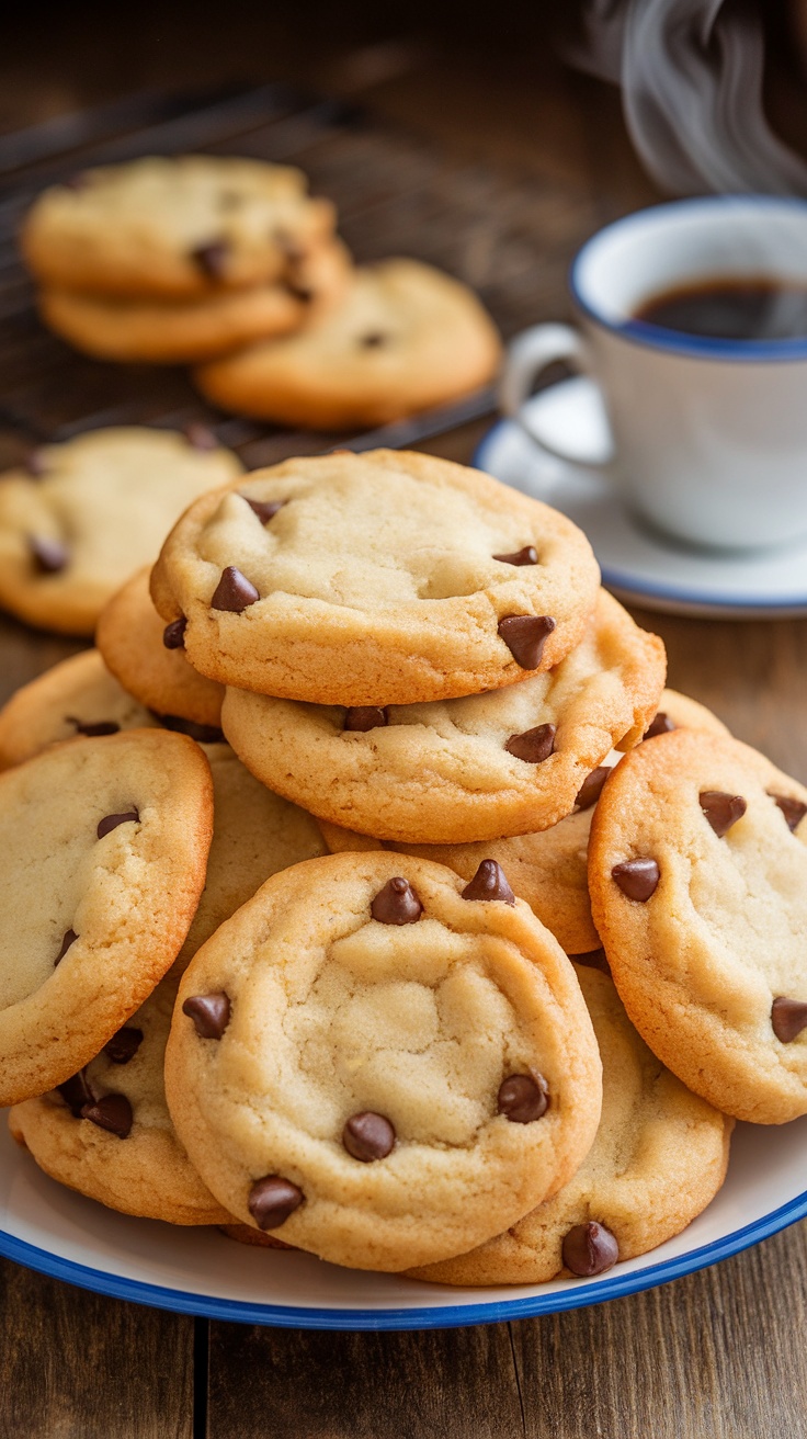 A stack of pure vanilla cookies on a rustic plate, with a cup of coffee in the background.