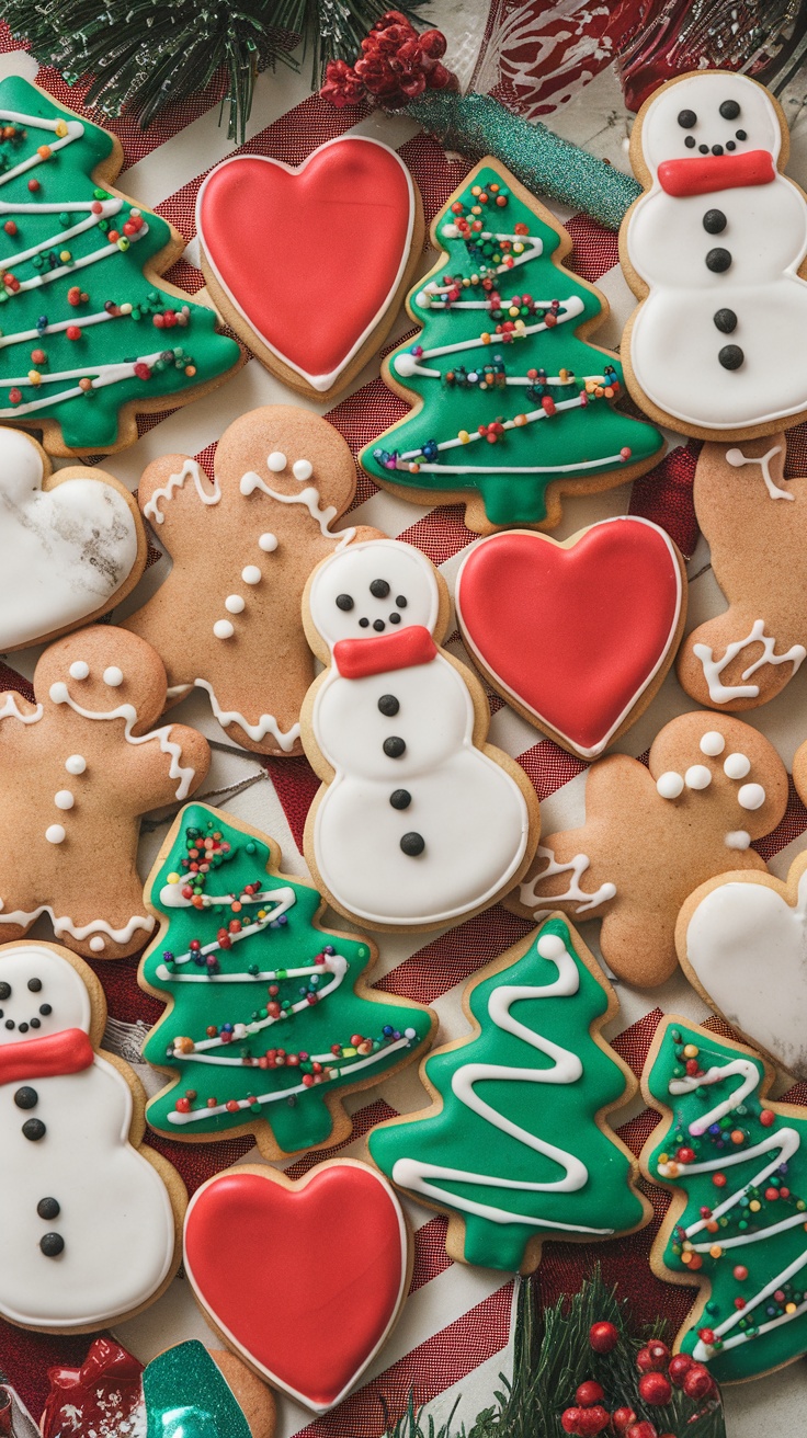 A variety of decorated holiday cookies including Christmas trees, snowmen, and hearts.