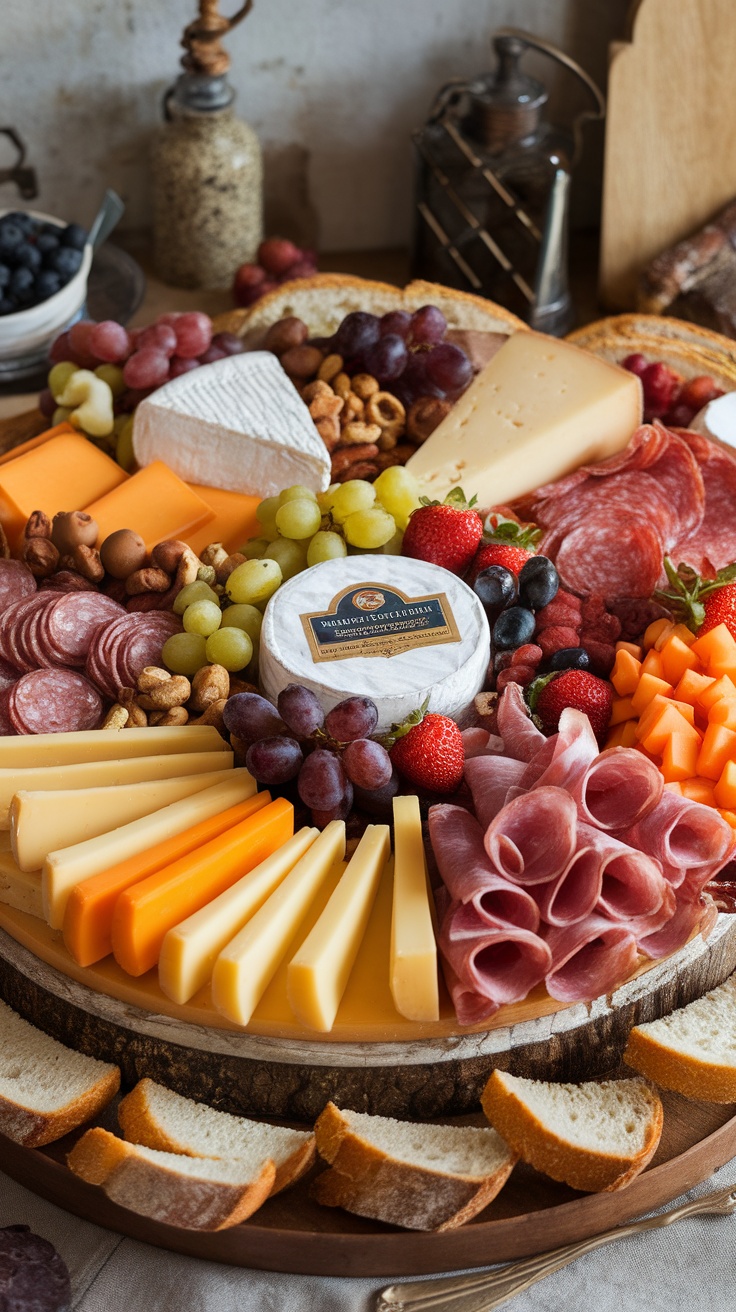 A colorful charcuterie board featuring assorted cheeses, meats, fruits, and crackers.