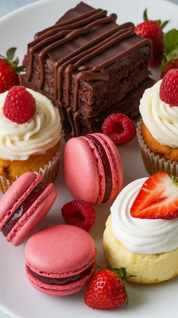 A variety of beautifully decorated desserts including chocolate brownies, cupcakes, and macarons with fresh berries.