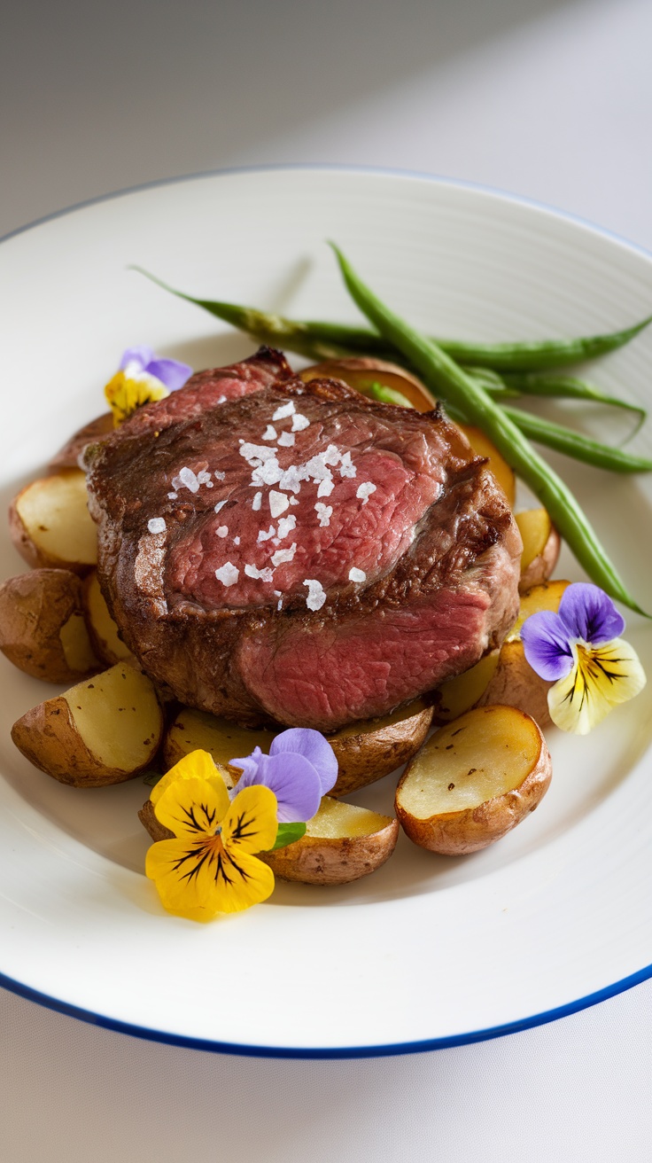 A beautifully plated steak with roasted potatoes, green beans, and edible flowers as garnish.