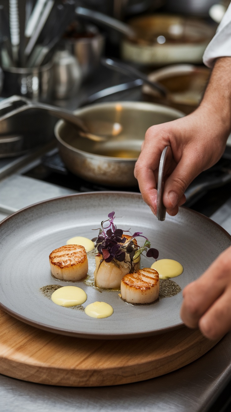 A chef plating scallops with sauces and herbs on a gray plate.