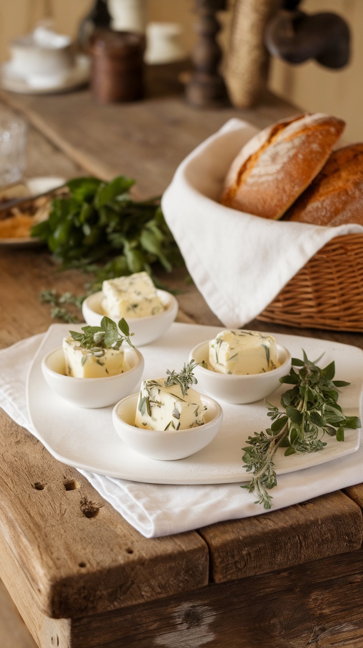 A plate with herb-infused butter spreads in small bowls, surrounded by fresh herbs and a basket of bread.