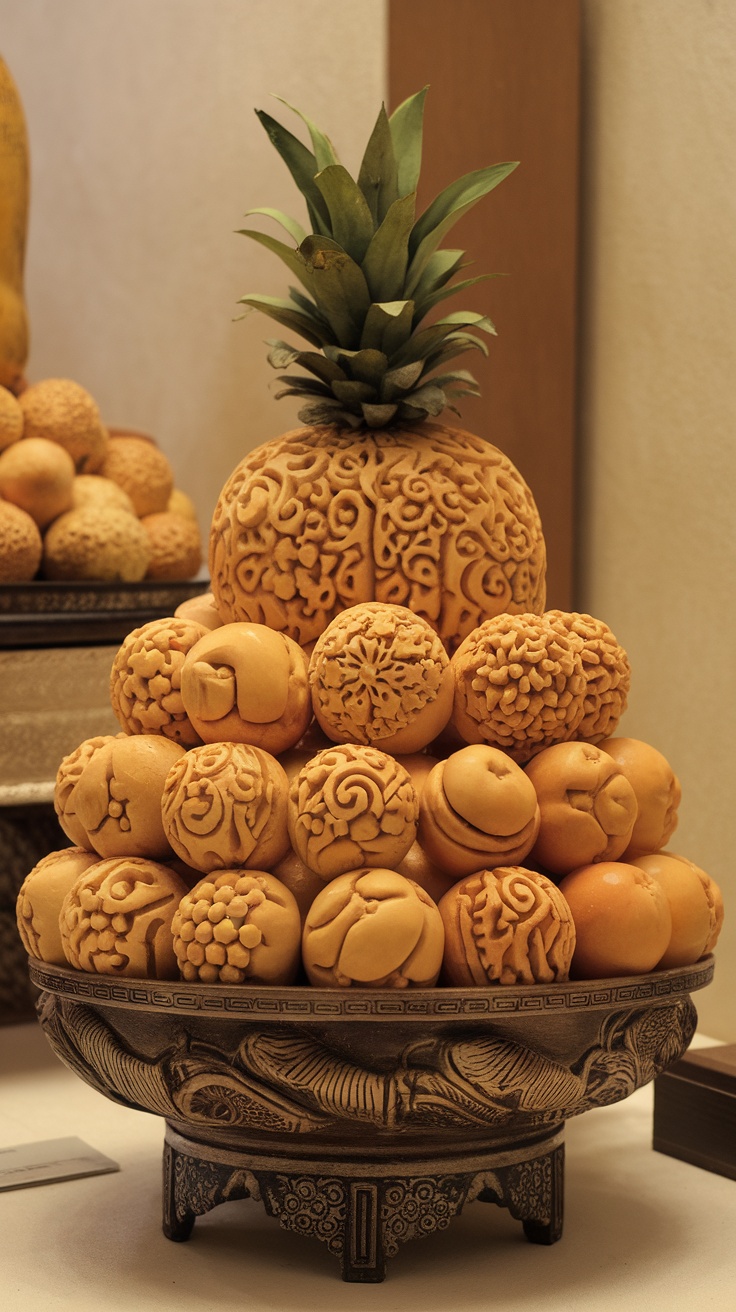 A decorative display of intricately carved fruits, including a pineapple and various spherical fruits with detailed patterns.