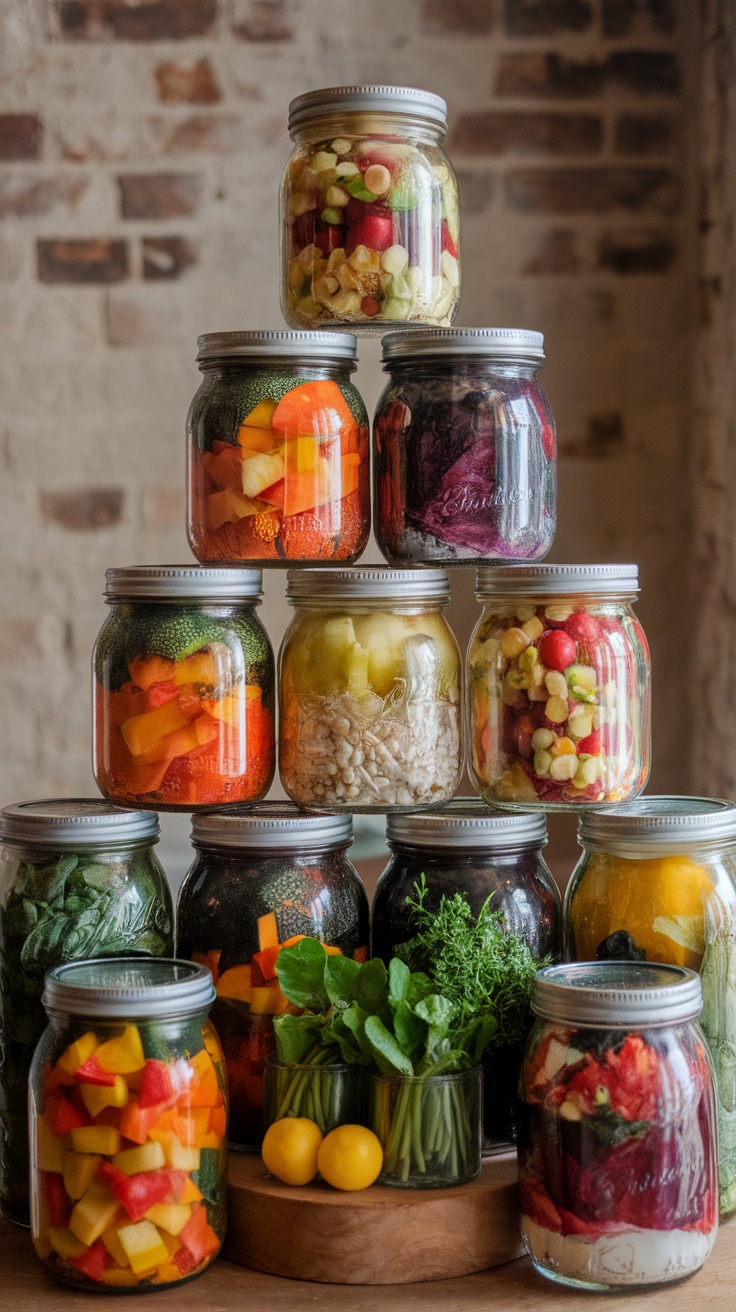 A display of layered salad jars filled with various colorful vegetables and grains.