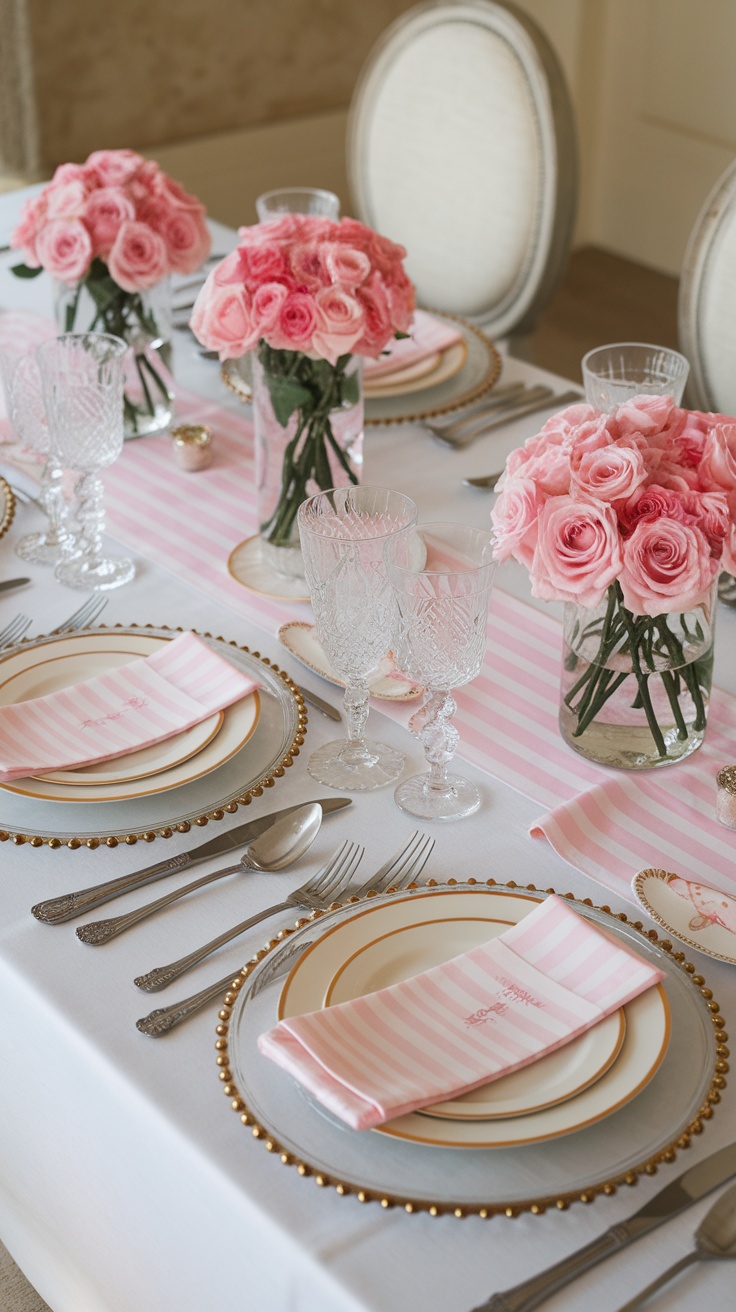 A beautifully decorated dinner table featuring pink roses, elegant glassware, and striped napkins.