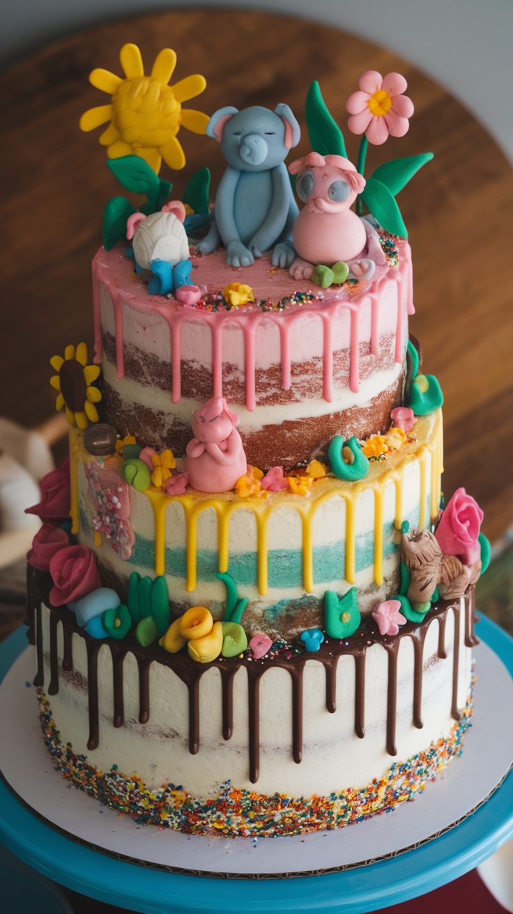 A colorful three-tiered cake decorated with whimsical fondant animals and flowers.