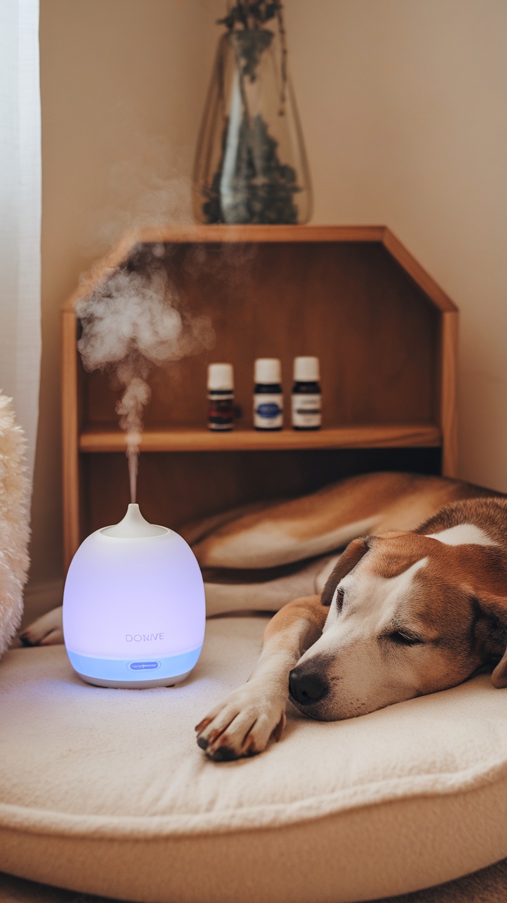 A cozy dog room corner featuring a sleeping dog next to an aromatherapy diffuser.