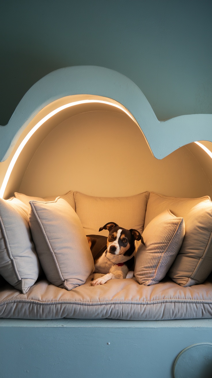 A cozy dog resting on a cloud-shaped mattress nook surrounded by soft pillows.