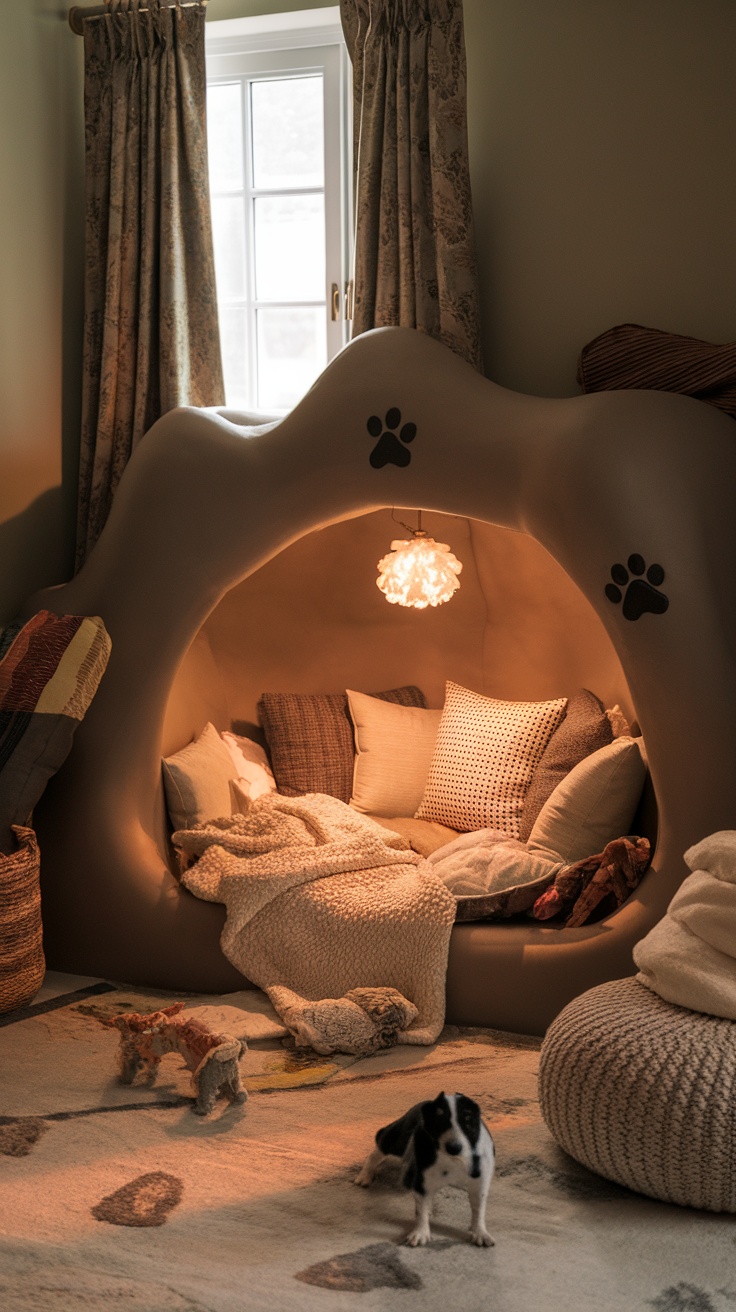 A cozy dog room featuring a cave-like den with pillows and blankets, illuminated by soft lighting.