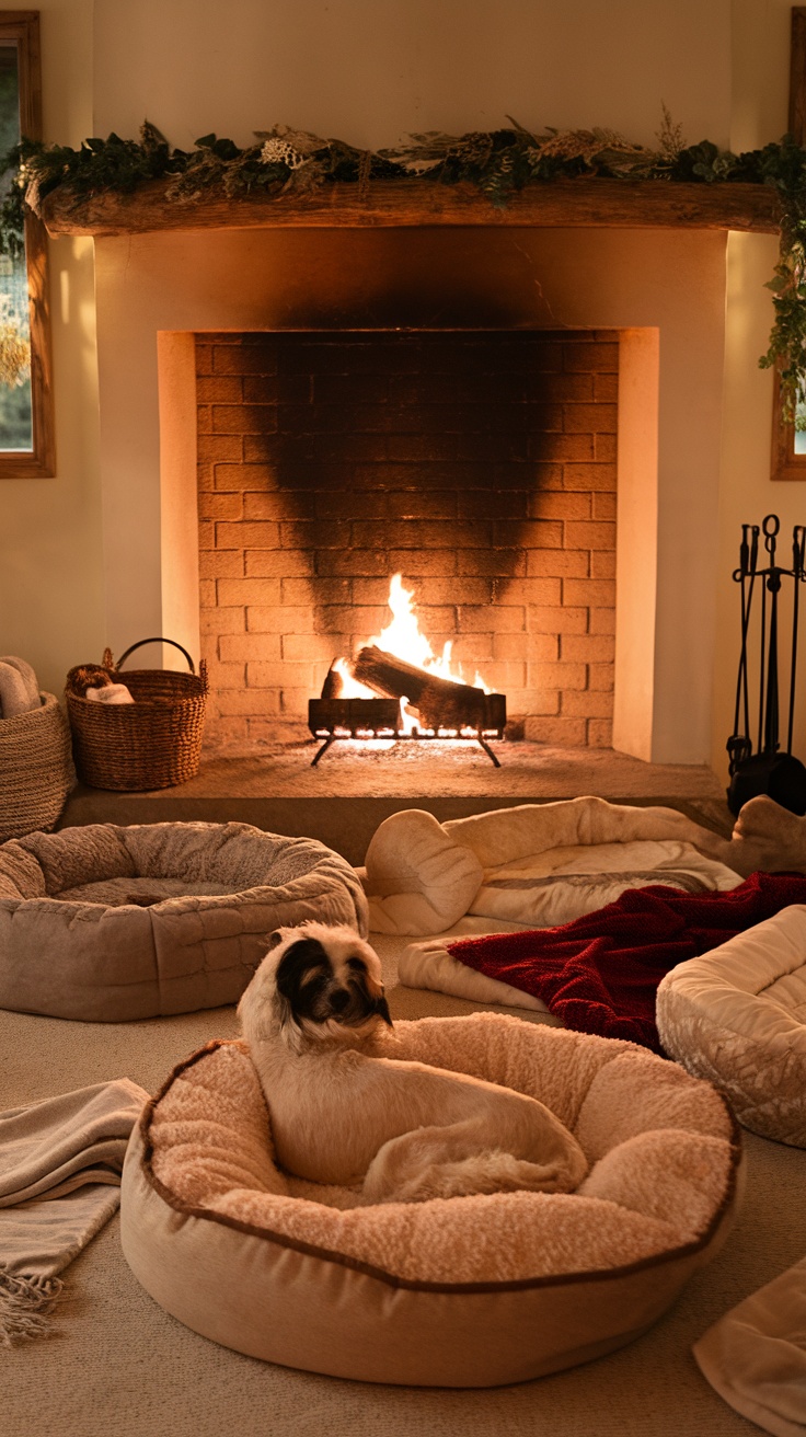 A cozy dog room featuring plush dog beds arranged around a warm fireplace, with a dog relaxing in one of the beds.