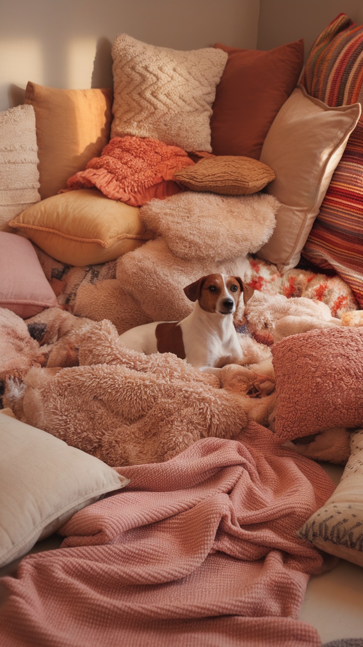 A cozy dog room with piles of fluffy pillows and a relaxed dog nestled among them.