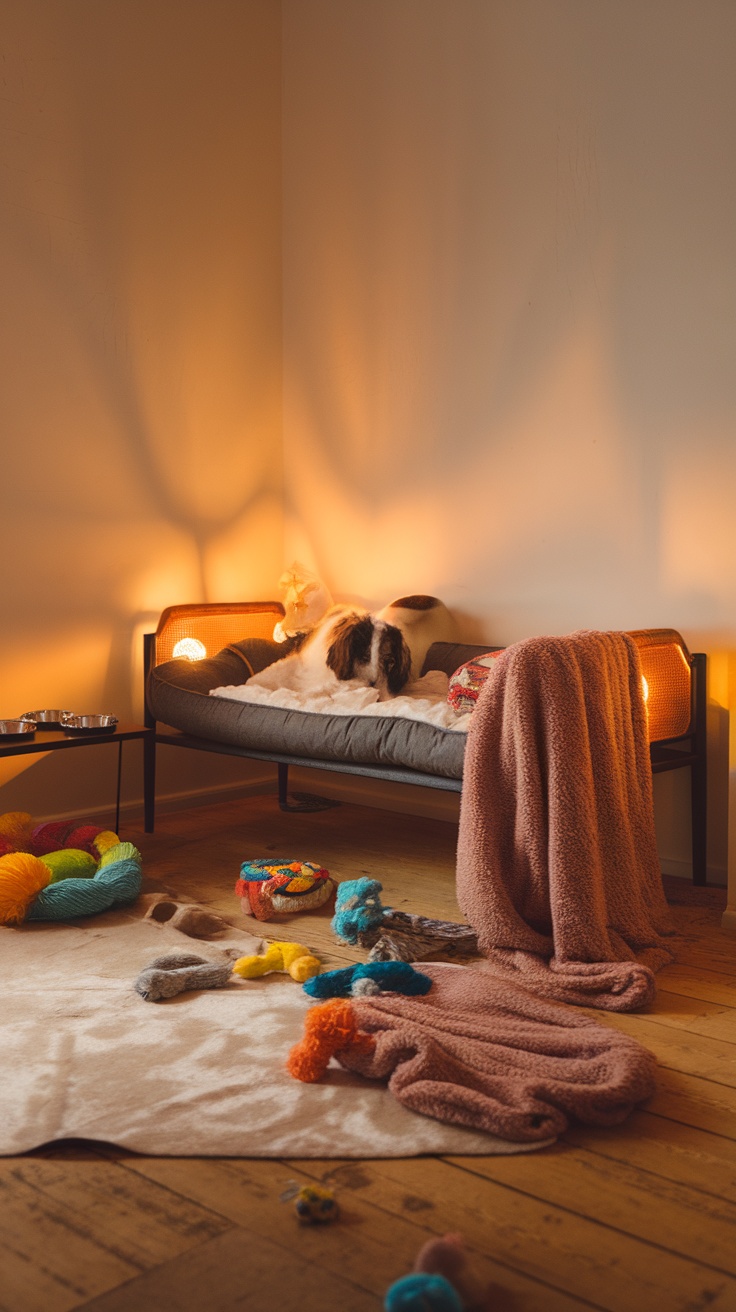 A cozy dog room featuring a comfortable bed, toys, and warm lighting.