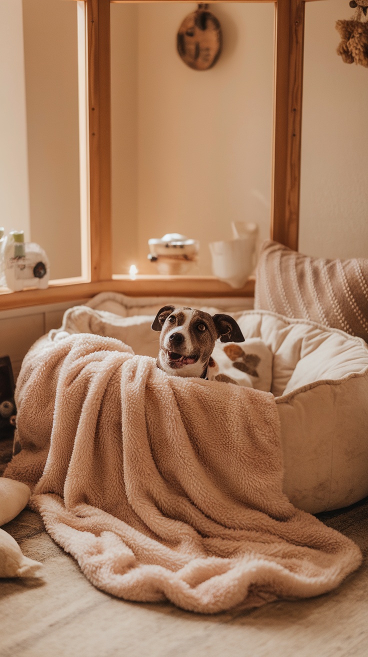 A cozy dog resting in a plush bed draped with a soft blanket.