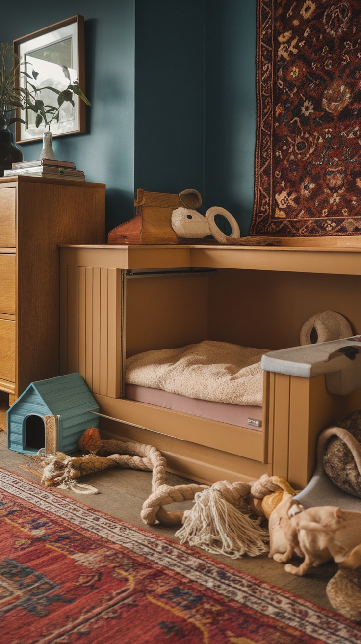 A hidden cabinet dog bed tucked away in a stylish room with a blue wall.