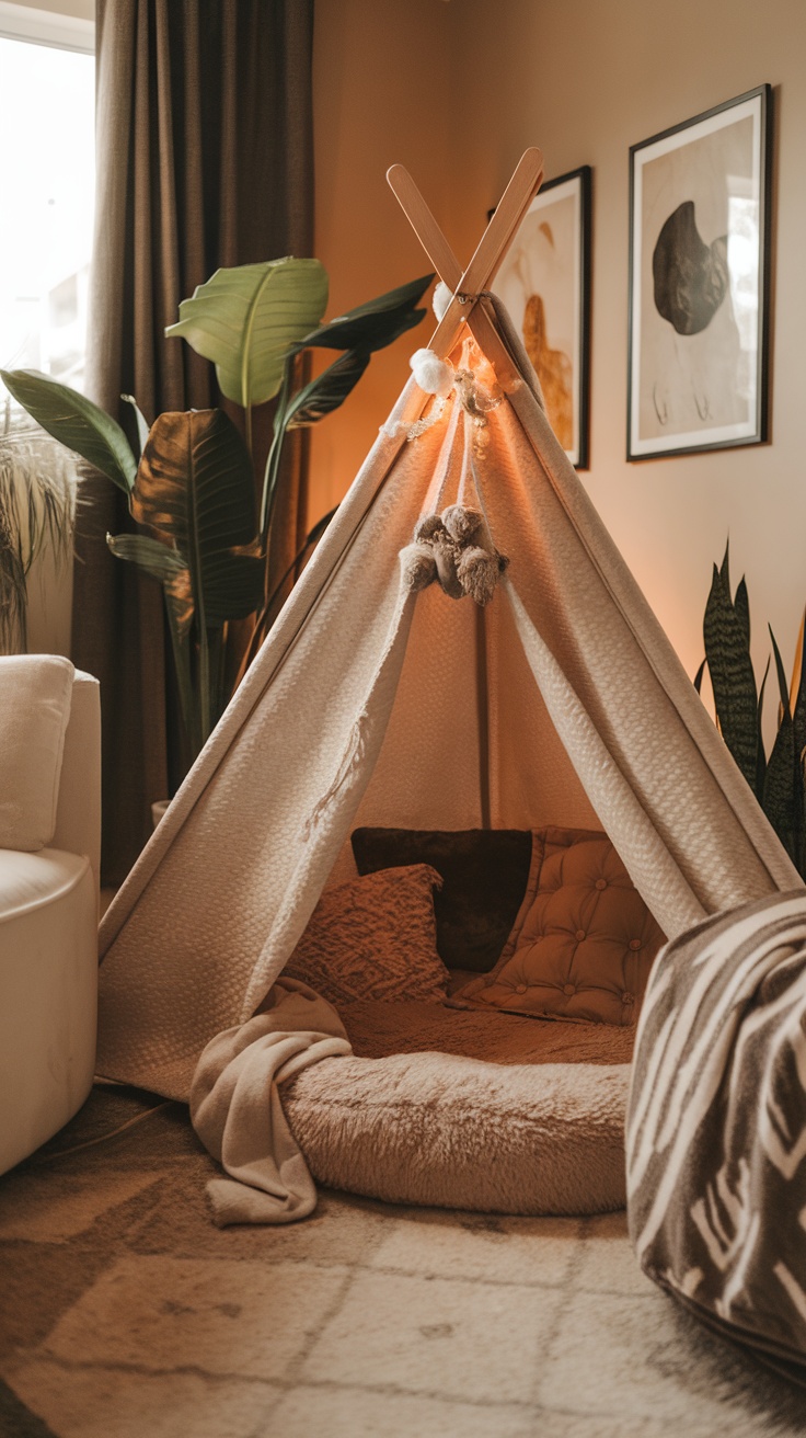 A cozy dog tent with cushions and blankets in a warm indoor setting.