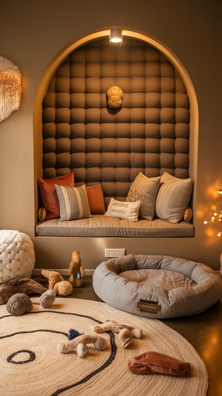 A cozy dog room featuring a padded wall, plush pillows, a dog bed, and toys scattered on a round rug.