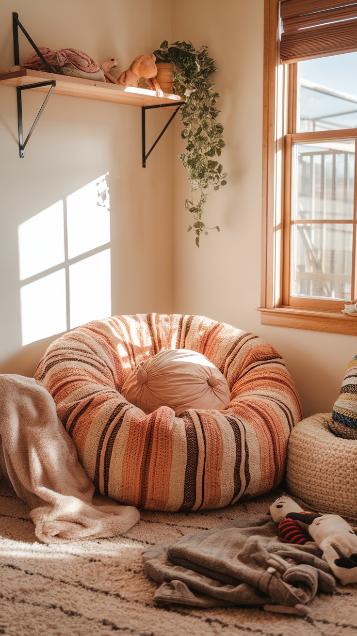 A cozy dog room featuring a plush bean bag chair with a soft blanket and toys.