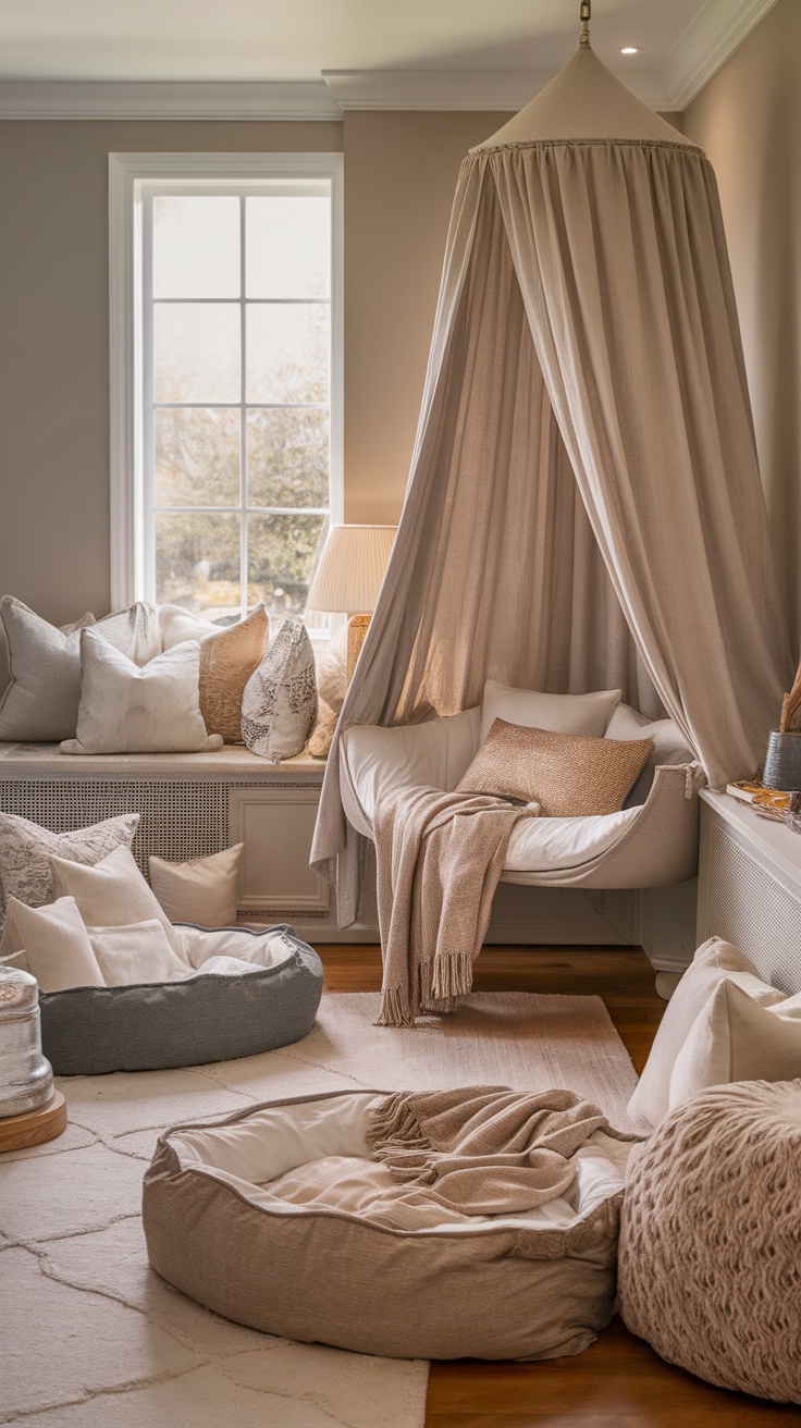 A cozy dog room featuring a relaxing canopy hammock with soft cushions and pillows.