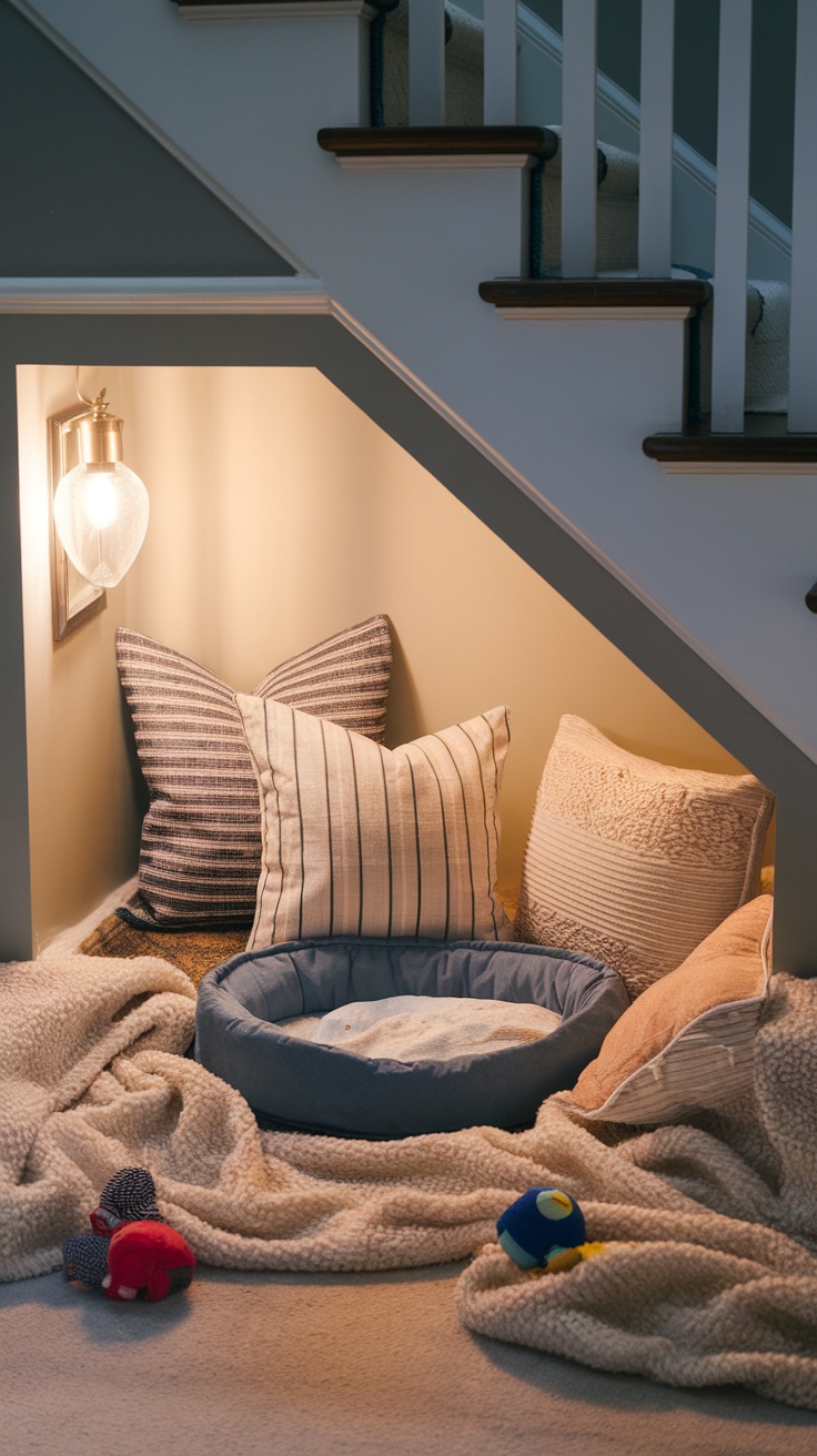 Cozy dog room under the stairs with pillows, blankets, and a dog bed