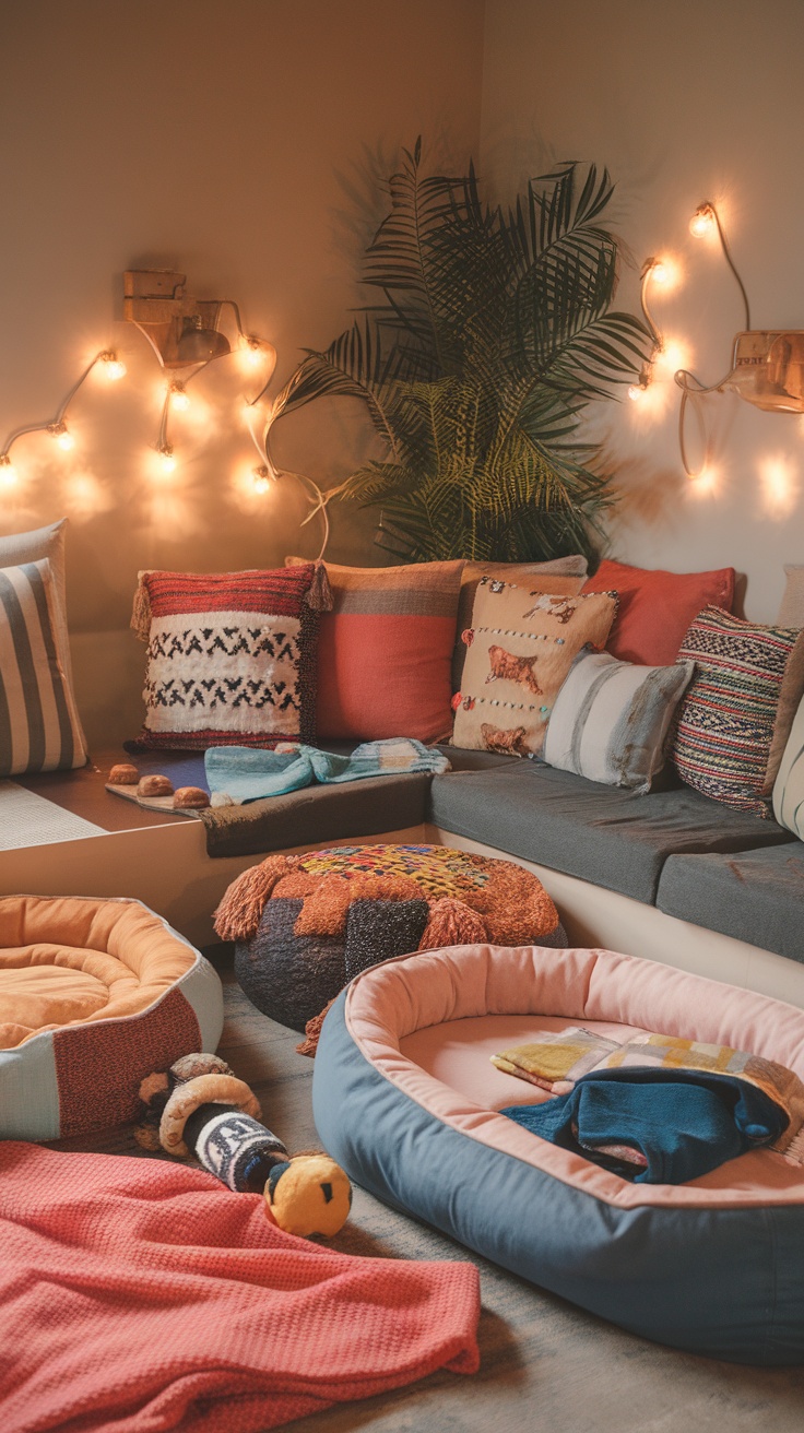 Cozy dog lounge area with soft cushions and colorful pillows.