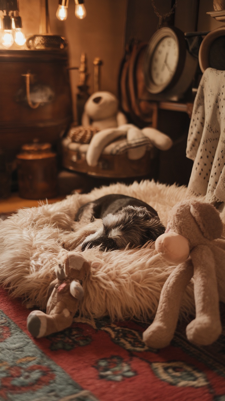 A cozy dog resting on a fluffy rug surrounded by plush toys in a warm room.