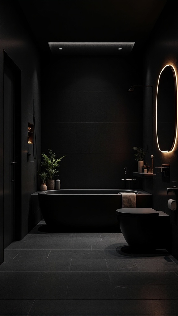 A modern black bathroom featuring ambient lighting, a sleek bathtub, and decorative plants.