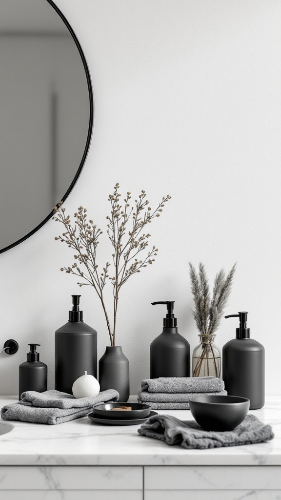 A stylish black bathroom countertop with various black accessories and natural elements.