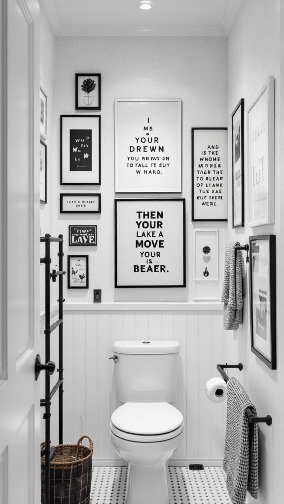 A black and white bathroom with a gallery wall of framed prints.