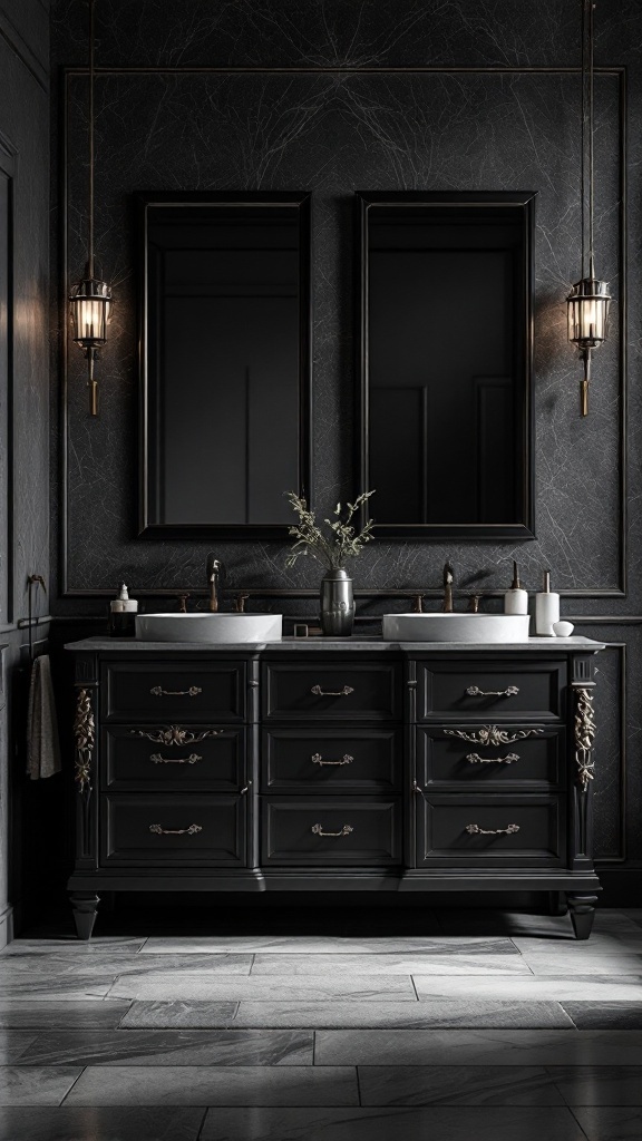 A luxurious black vanity with gold accents in a stylish black bathroom