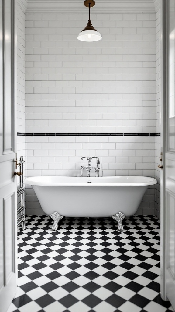 A stylish bathroom with black and white checkerboard floors, white subway tile walls, and a freestanding bathtub.