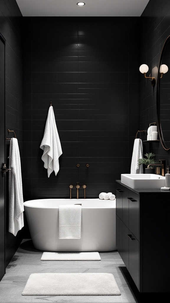 A stylish black bathroom featuring white towels, a white bathtub, and modern fixtures.