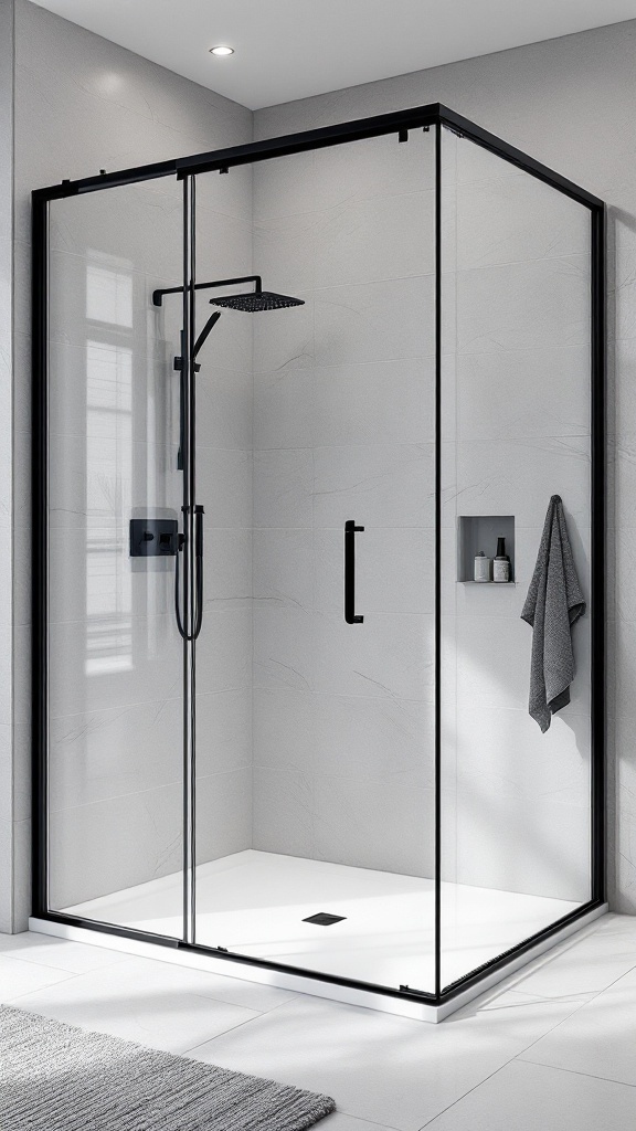 A modern black framed shower with clear glass panels and a spacious design.