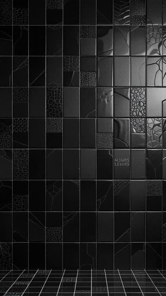 A black tiled bathroom wall with various patterns and textures