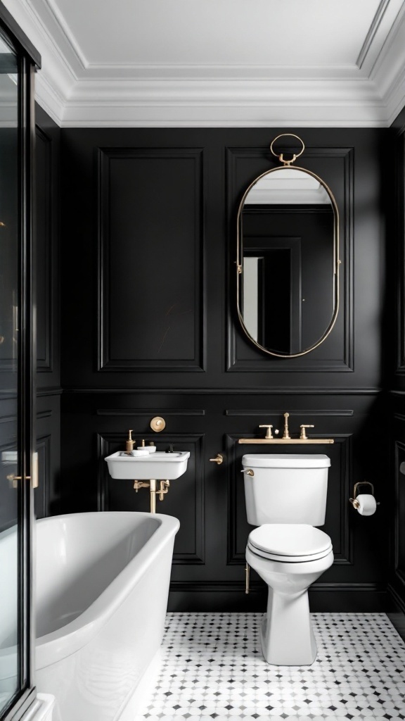 Black and white bathroom with elegant wall treatments and gold fixtures.